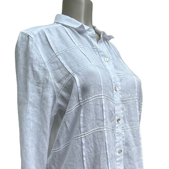 J. Jill Love Linen Tunic Blouse Women's Medium White Pintuck Plaid Button Front - Picture 8 of 15